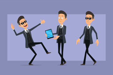 Cartoon flat funny mafia man character in black coat and sunglasses. Boy walking, holding smart tablet and showing thumbs up sign. Ready for animation. Isolated on violet background. Vector set.