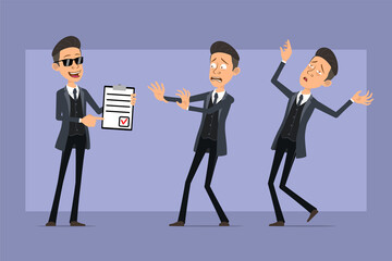 Cartoon flat funny mafia man character in black coat and sunglasses. Boy holding to do list and falling down unconscious. Ready for animation. Isolated on violet background. Vector set.