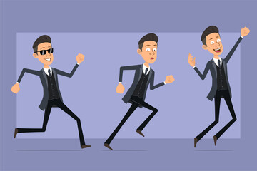 Fototapeta premium Cartoon flat funny mafia man character in black coat and sunglasses. Boy running fast forward and jumping up. Ready for animation. Isolated on violet background. Vector set.