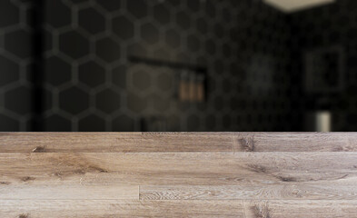 Scandinavian bathroom, classic  vintage interior design. 3D rendering.. Abstract blur phototography. wooden table on blurred background.