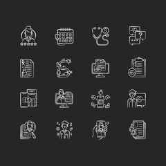 Online doctor app chalk white icons set on black background. Video, phone and live chat. Consultation, prescription, follow-up care. Telemedicine services. Isolated vector chalkboard illustrations