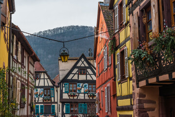 details of the colorful Alsatian houses in Kaysersberg, Alsace