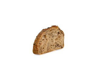 a slice of wheat bread with various seeds and nuts isolated on white background