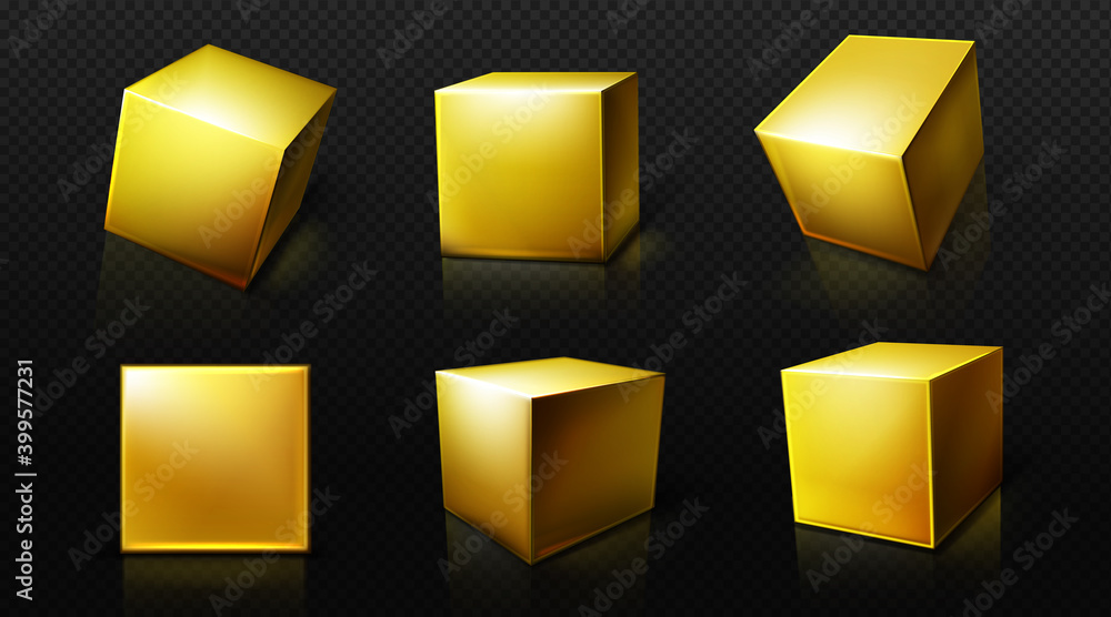Poster gold cube, 3d square golden box in front and perspective views. vector realistic set of yellow metal