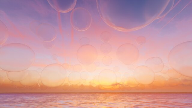Fantasy sunset background of blue bubbles in air over water 3d render