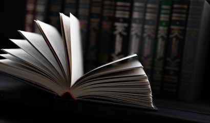 Obraz premium Open book on the background of books