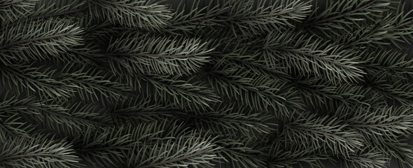 Green spruce branches realistic background.