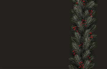 Green fir branches line on dark grey background.