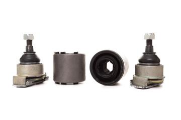 silent blocks and ball joints on a white background, the concept of an automobile suspension, everything for the repair and maintenance of a motorcycle