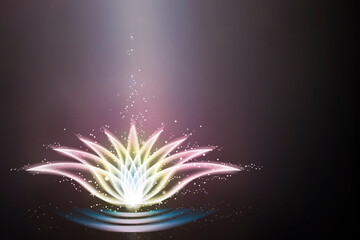 Sacred lotus symbol, flower symbol emitting light from all edges on a deep purple background with copy space