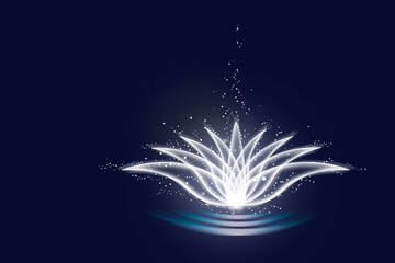 Sacred lotus symbol, flower symbol emitting light from all edges on a deep blue background with copy space
