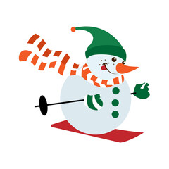 Happy christmas snowman cartoon on a ski. Vector illustration