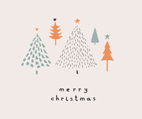 Merry Christmas. Happy Holidays. Simple Infantile Style Christmas Trees Isolated on a Light Beige Background. Cute Hand Drawn Christmas Wishes Vector Card. Green, Red and Black Winter Trees.