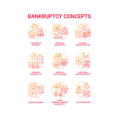 Bankruptcy red gradient concept icons set. Economic difficulty. Debtor and creditor contract. Financial crisis idea thin line RGB color illustrations. Vector isolated outline drawings
