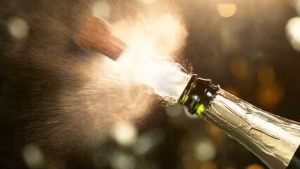 Champagne explosion with flying cork closure, opening champagne bottle closeup, celebration theme.