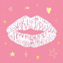 White lips on a pink background. Textural, beautiful, sexy female lips. Kiss, hearts, stars. Trendy vector illustration for holiday design, prints, cards. Valentine's Day greeting card.