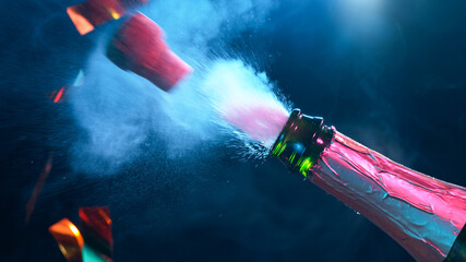 Champagne explosion with flying cork closure, opening champagne bottle closeup, celebration theme.