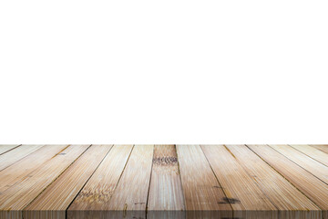Empty bamboo wood table top isolated on white background for product display montage