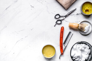 barbershop for men with tools on white background top view mock-up