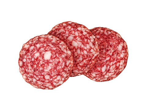  Slices of salami isolated on a white background. sausage cut. 