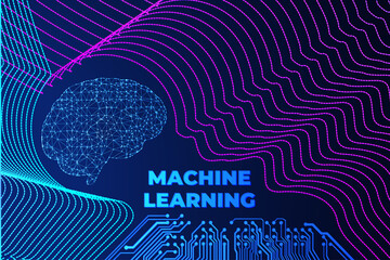 Artificial intelligence synced with human brain. Machine learning concept. Low poly wireframe with human brain connected to a computer circuit board. Concept of future programming software and science