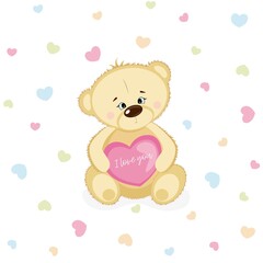 Cute smiling Teddy Bear in love with pink heart. Valentines day postcard.