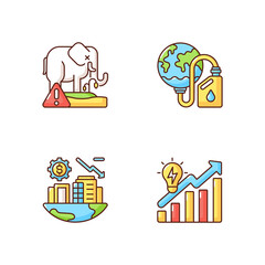 Global warming RGB color icons set. Biological resources depletion. Biosphere extinction of different plants and animals. Isolated vector illustrations