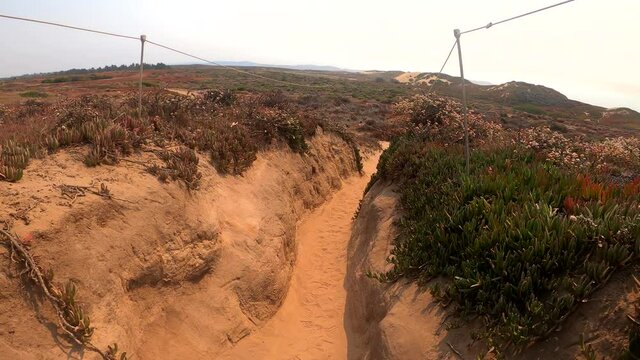 Fort Ord Dunes State Park in Marina, California (USA). POV of person walking through a recreational hike that leads to the beach.