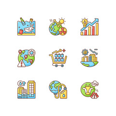 Global warming RGB color icons set. Air pollution with chemical dust. Damaging by reducing resources. Melting glaciers and icebergs. Isolated vector illustrations