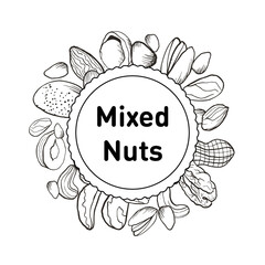 Vector illustration of hand drawn nuts labels. Engraving or sketching of different nuts. Box or package decoration with a set of nuts, universal design for a nut mix