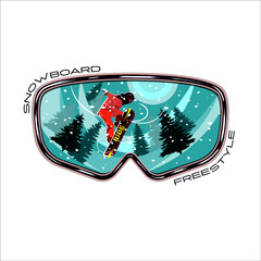 Jump of snowboarder against the background of snow-covered mountain landscape. Landscape is reflected in snowboard goggles. Can be used for poster, avatar, social media, background, cover.
