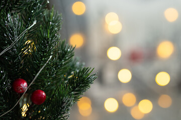 Fototapeta na wymiar Christmas background. Christmas tree. Bokeh background. Blurred selective focus.