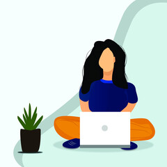 Fototapeta na wymiar Illustration in flat design, women sitting with laptop work from home, freelancing, studying, online classes, education, businesswomen, Independent women.