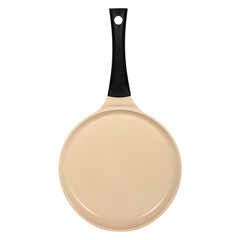 Round frying pan for cooking, kitchen utensils, dishes. Top view isolated on white background