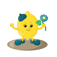 Cute smiling lemon holding a flower. Colorful kawaii fruit emoticon. Isolated vector illustration in flat design.	