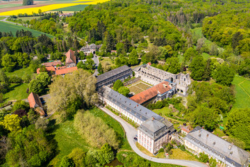 Aerial view of Arnsburg monastery near Lich, Arnsburg, Hesse, Germany,