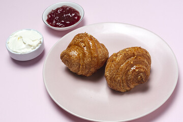French Homemade fresh croissants with jam and butter