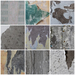 Set of textures of old torn paper wallpaper. Tattered scraps of paper on a concrete walls. Vintage backgrounds collection for design.