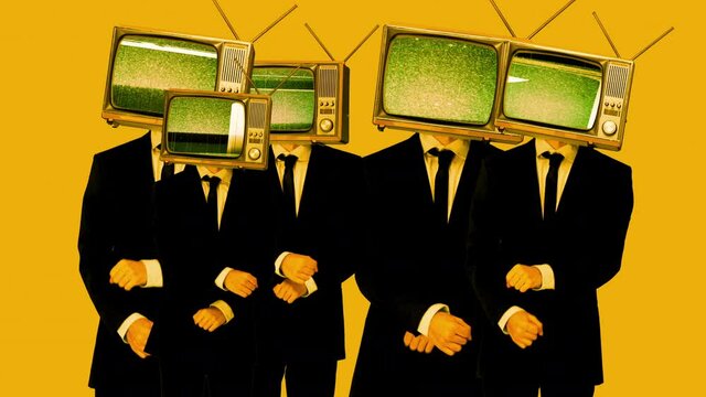 Men dancing, wearing suit with TV on head