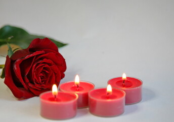 Fototapeta na wymiar Red rose, burning candles on a light background. Congratulations on the holiday. Romance