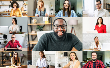 Group of diverse colleagues on the computer screen have a brainstorm, morning meeting. Headshots of...