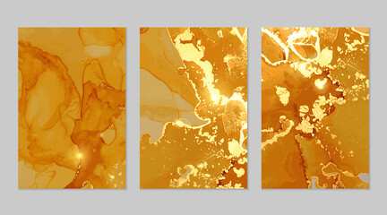 Set of amber, and gold marble abstract patterns. Alcohol ink technique stone texture. Vector background. Modern paint with glitter. Banner, poster design template.
