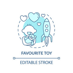 Favourite toy turquoise concept icon. Toddler with stuffed animal. Rocket toy. Early childhood development idea thin line illustration. Vector isolated outline RGB color drawing. Editable stroke