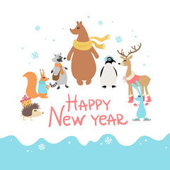 Winter animals. Christmas set, hand-drawn style - calligraphy, animals and other elements. Vector illustration