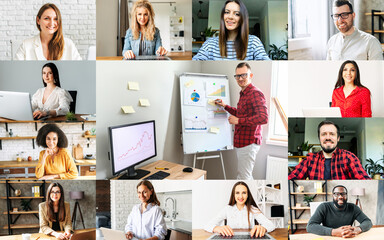 Webinar, online presentation. Computer screen view of group of coworkers, colleagues and speaker with a flip chart in the center. Concept of virtual conference, meeting, brainstorm