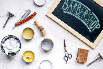 barbershop for men with tools on white background top view