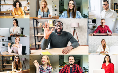 A group of multiracial colleagues greeting each other on virtual conference, video meeting. A computer screen with diverse young people, coworkers