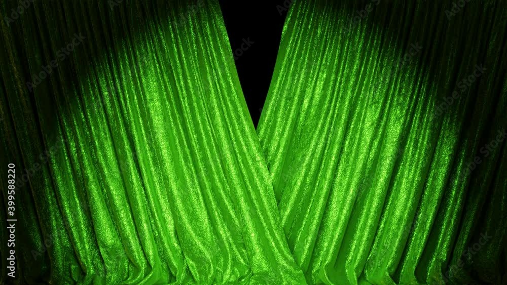 Poster realistic 3d animation of the textured green stage curtains rendered in uhd, alpha matte is included