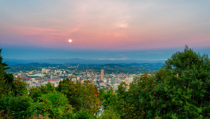 Harvest moon rises about Portland, Oregon