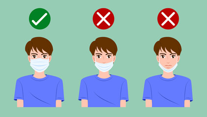 Vector cartoon portrait young male wearing medical face protective mask correctly and wrong. Health care concept to avoiding air pollution or illness and virus illustration isolated on background.